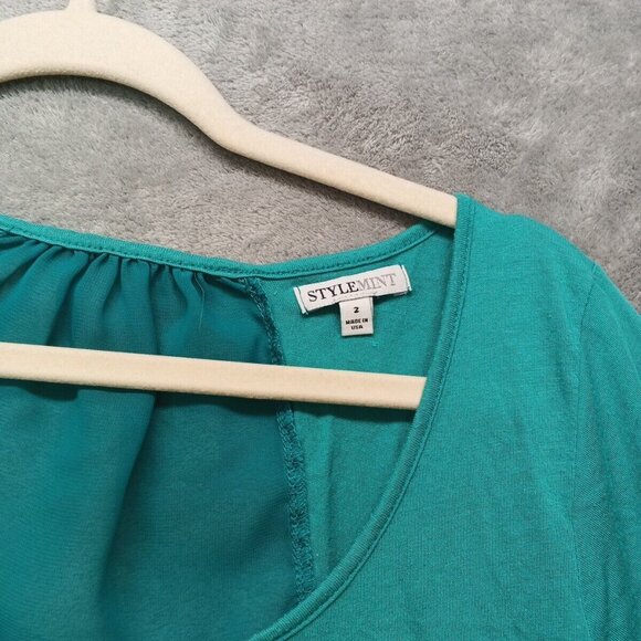 STYLEMINT Top  Size 2 Women Short Sleeve Casual Solid Turquoise Knit Sheer Back - Picture 5 of 13